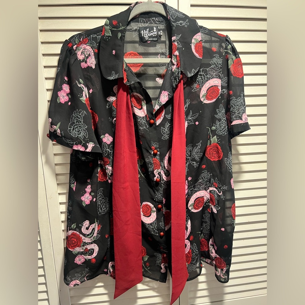Hell Bunny Black Button-Down Shirt with Burgundy flowers & pink snakes
